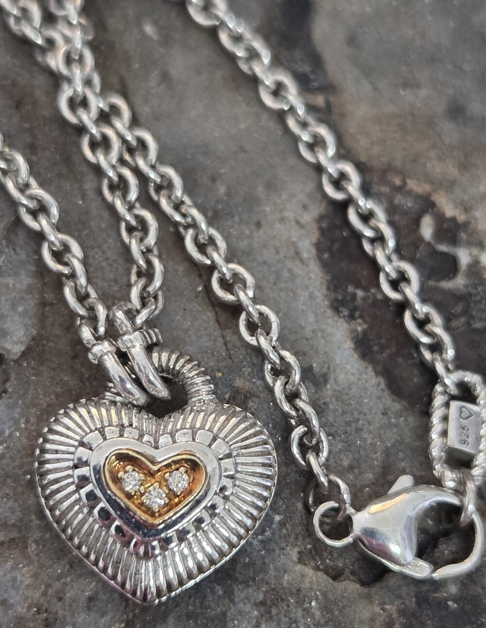 Beautiful Vintage Judith Ripka   Sterling Silver & 18k Gold  Heart With Diamond